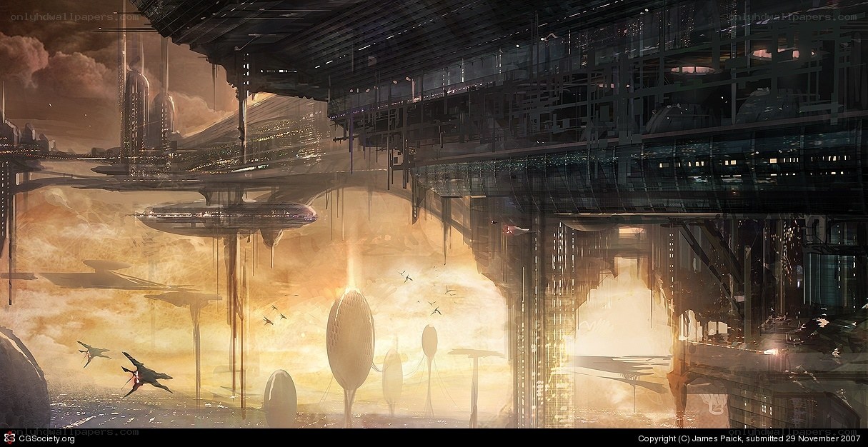 futuristic cityscape with flying vehicles