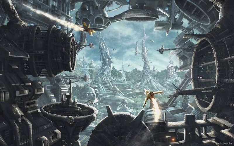 futuristic cityscape with flying vehicles