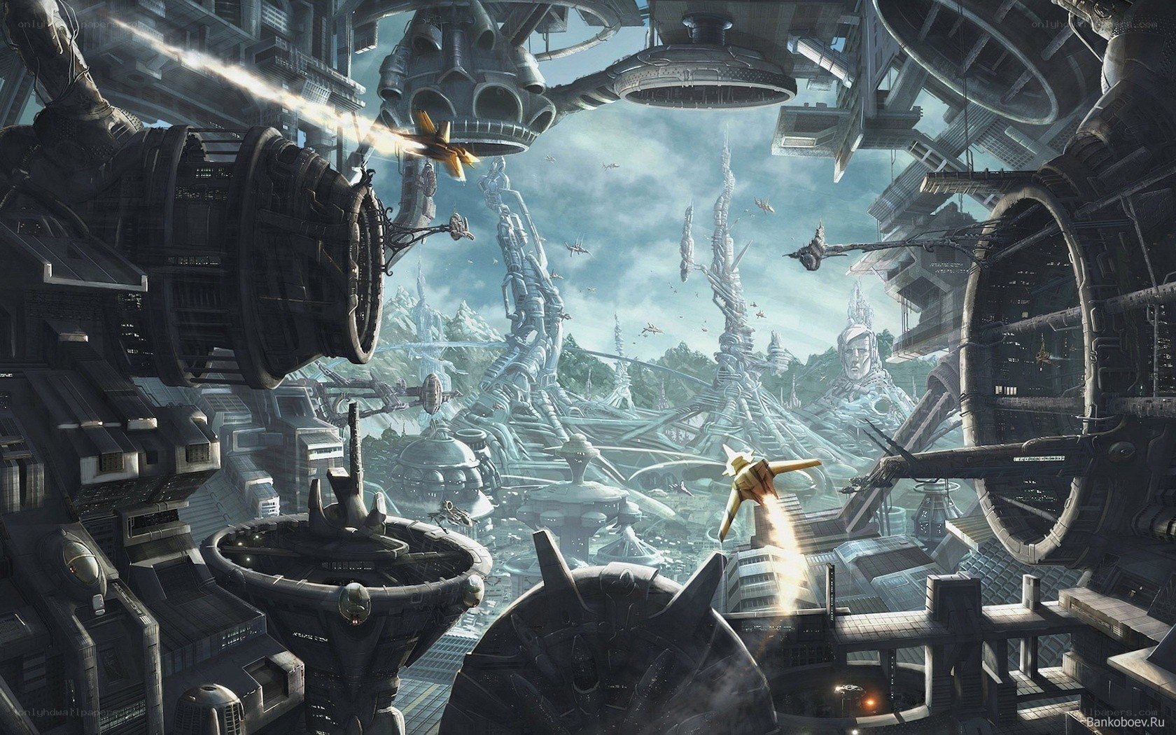 futuristic cityscape with flying vehicles