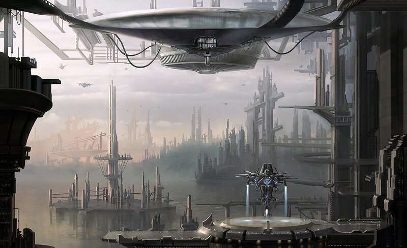 futuristic cityscape with flying vehicles