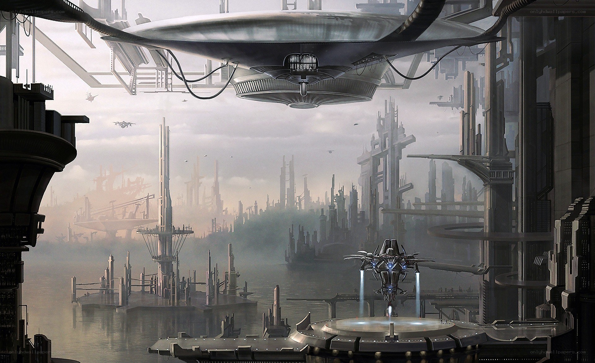 futuristic cityscape with flying vehicles