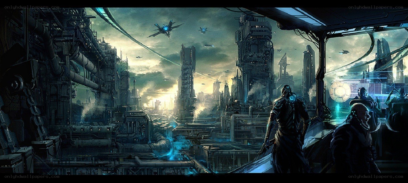 futuristic cityscape with flying vehicles