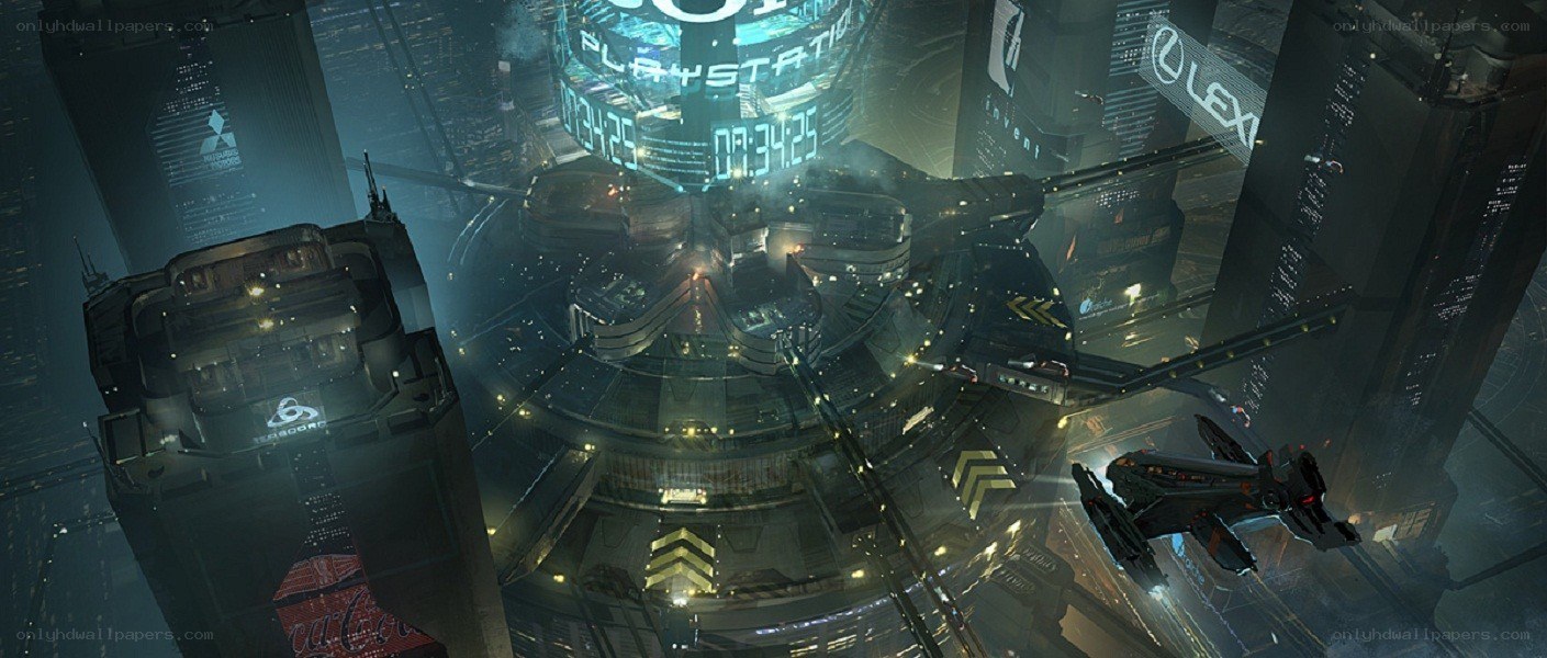 futuristic cityscape with flying vehicles