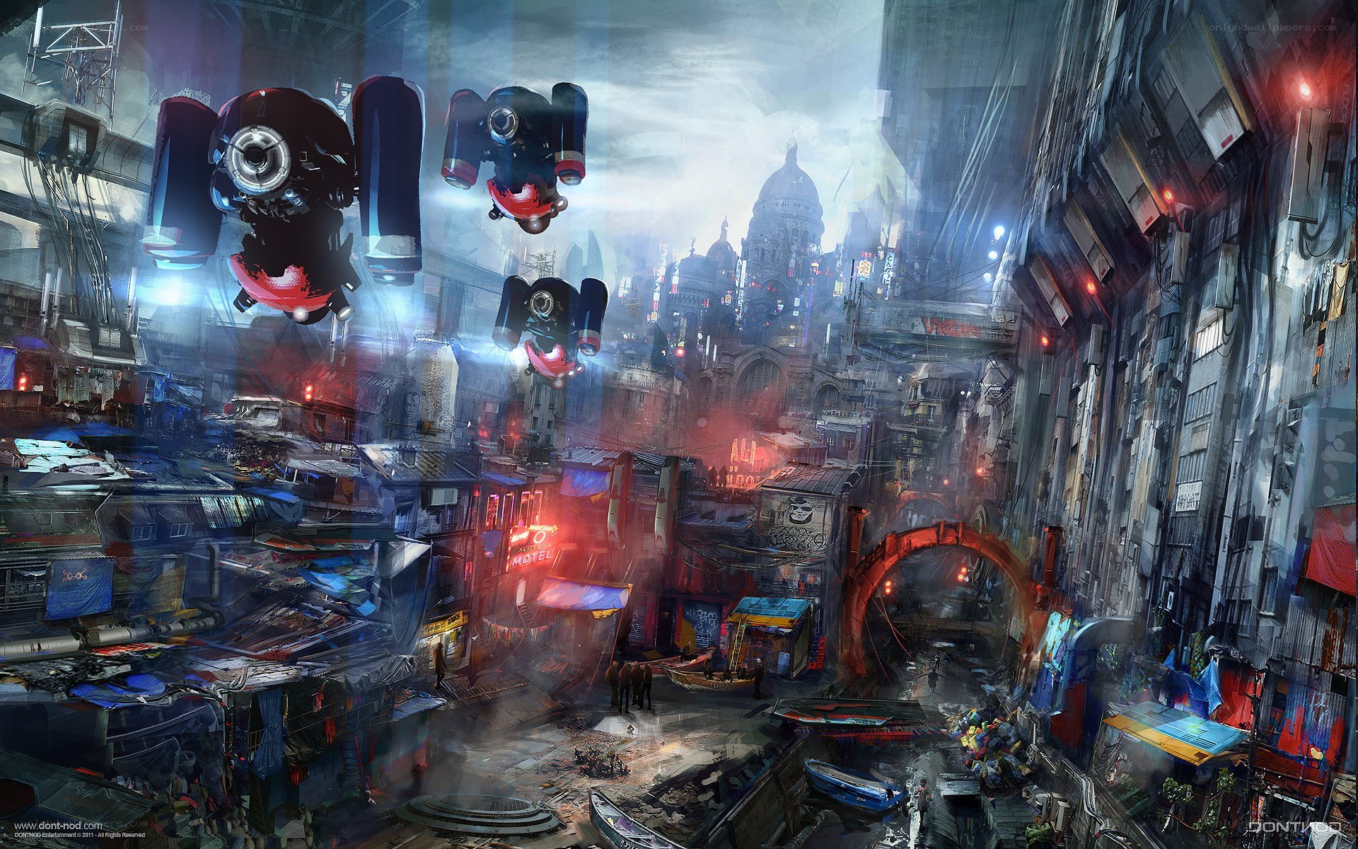 futuristic cityscape with flying vehicles
