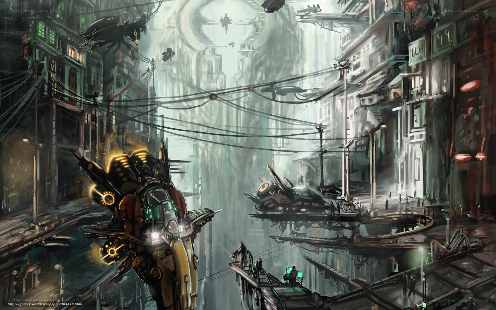 futuristic cityscape with flying vehicles