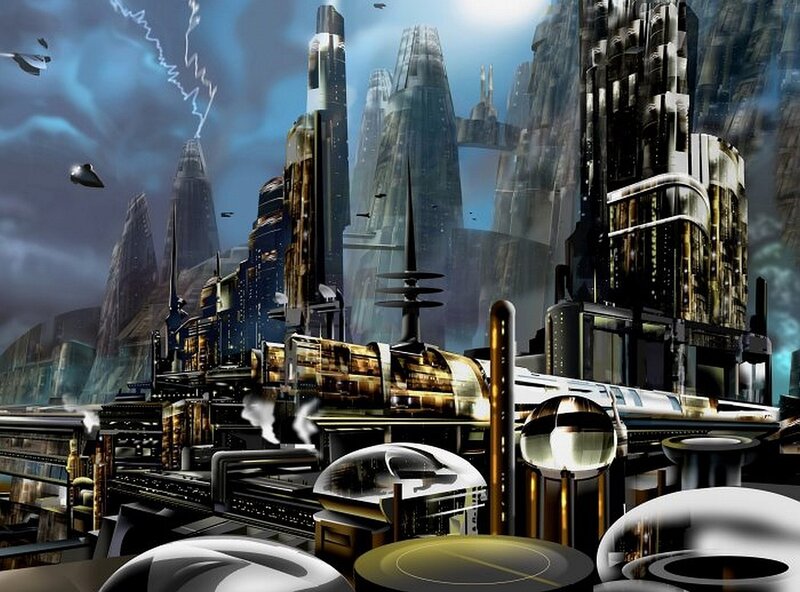 futuristic cityscape with flying vehicles