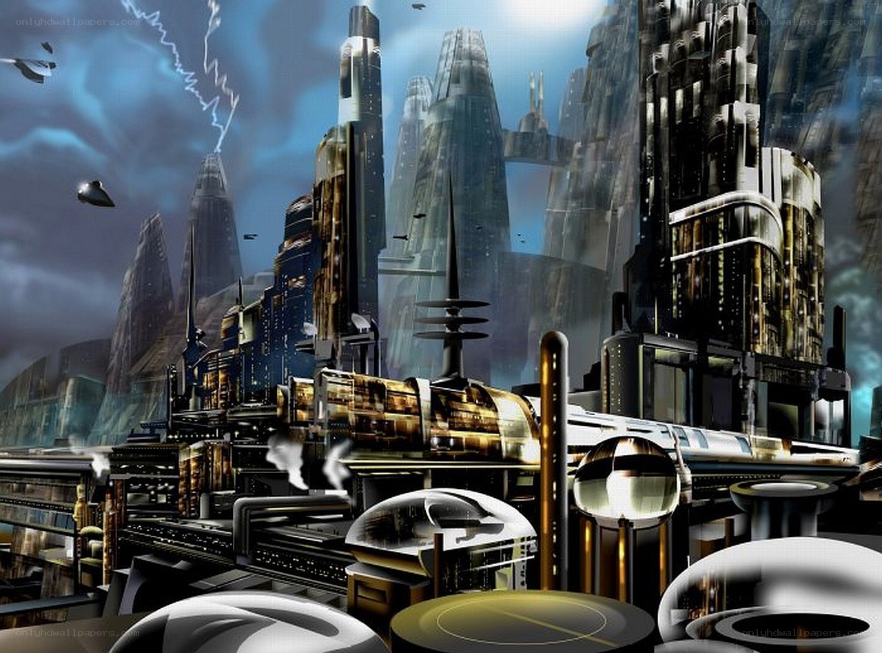 futuristic cityscape with flying vehicles