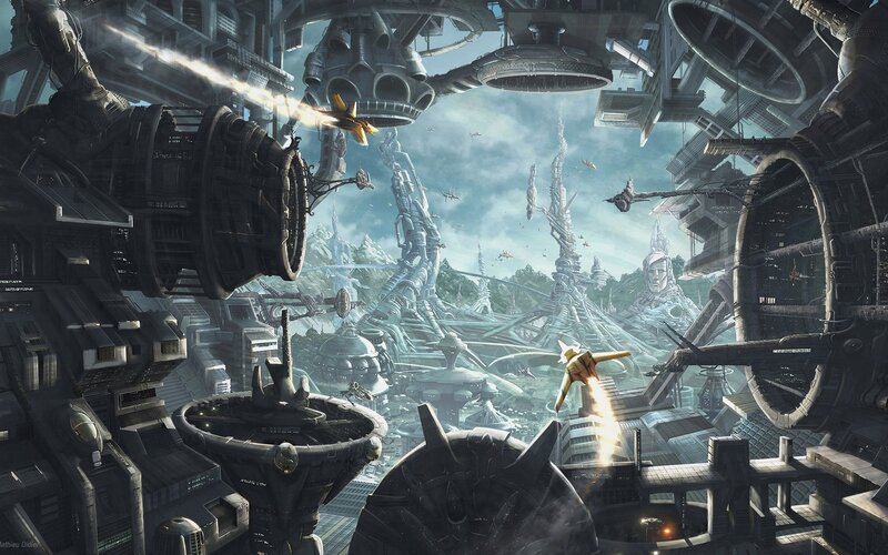 Futuristic cityscape with flying vehicles