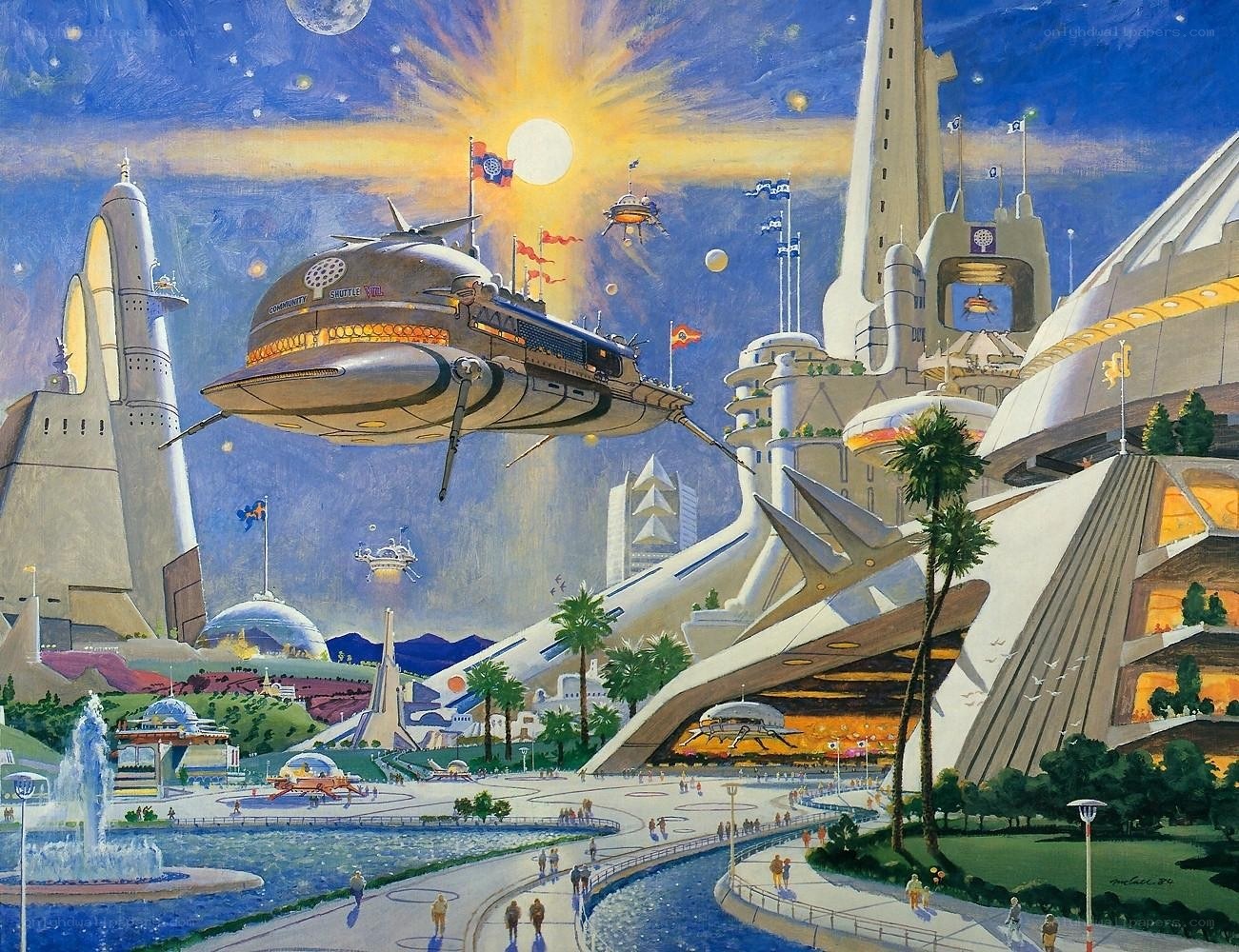 Futuristic cityscape with flying vehicles