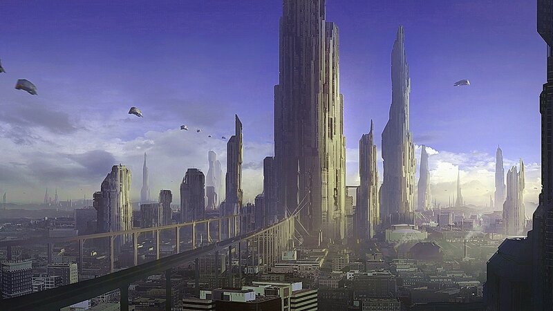 futuristic cityscape with flying vehicles