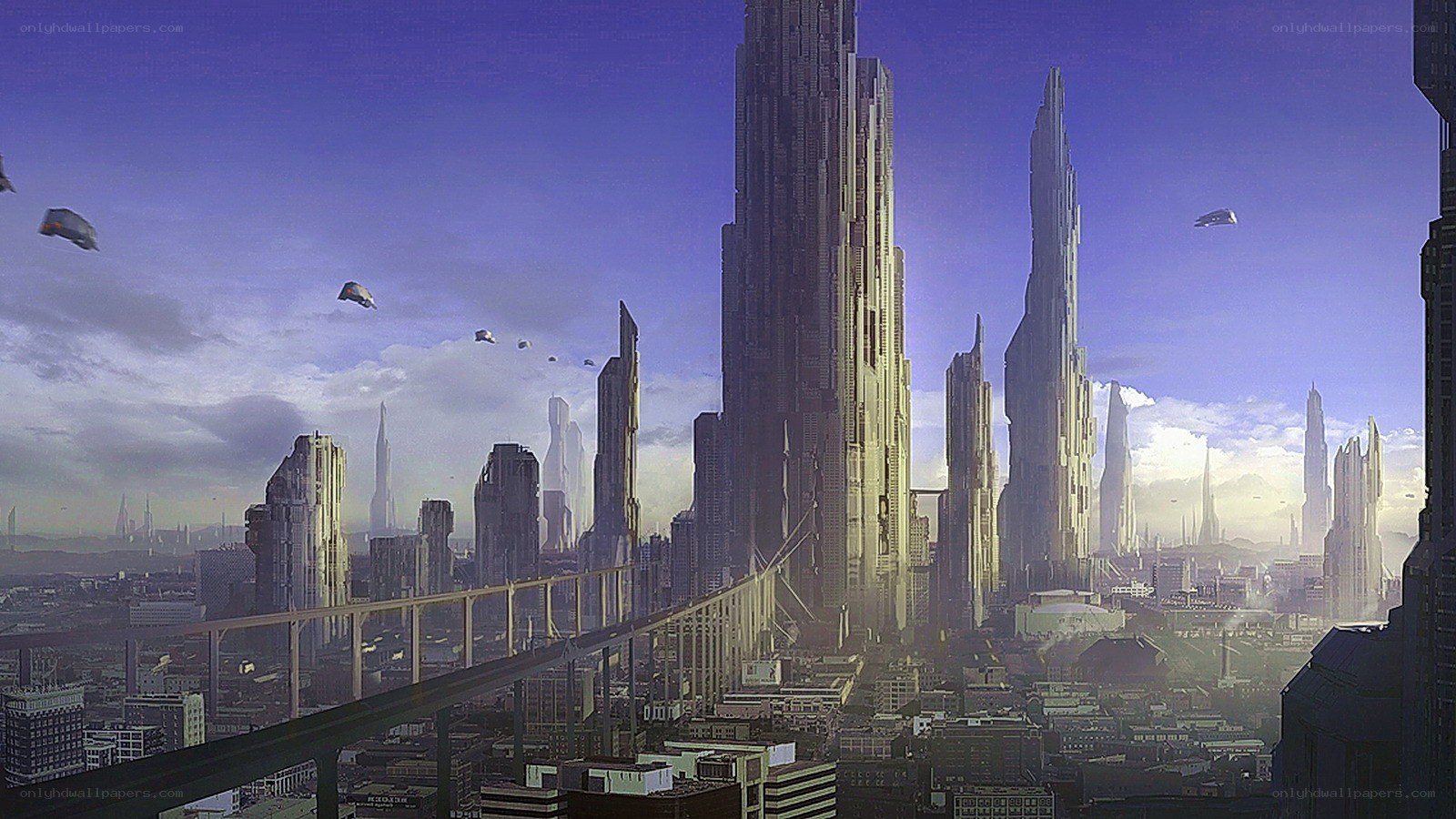 futuristic cityscape with flying vehicles