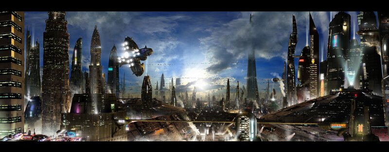 futuristic cityscape with flying vehicles