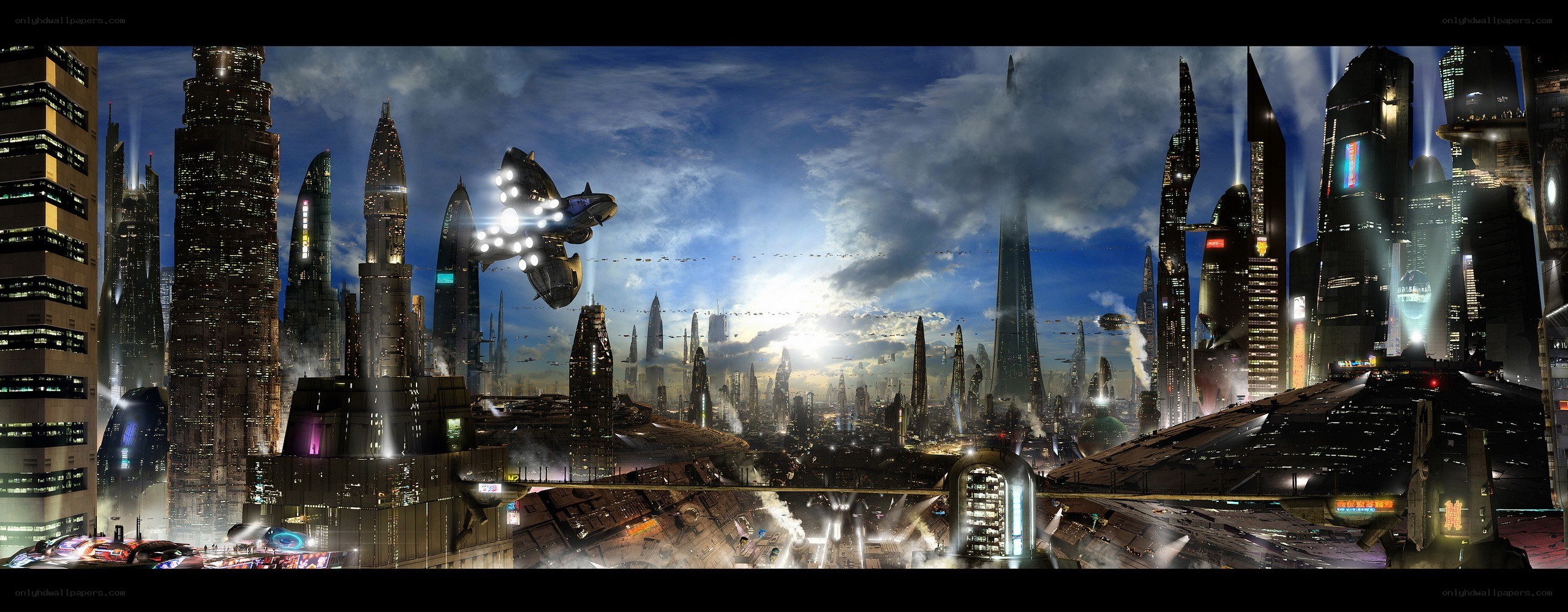 futuristic cityscape with flying vehicles