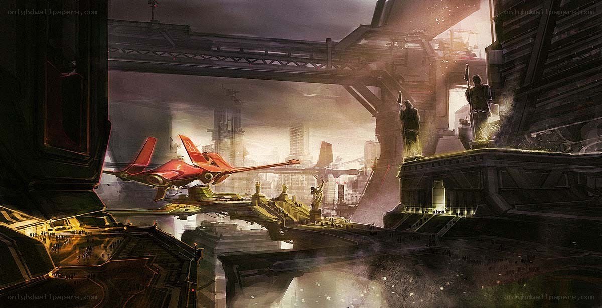 futuristic cityscape with flying vehicles