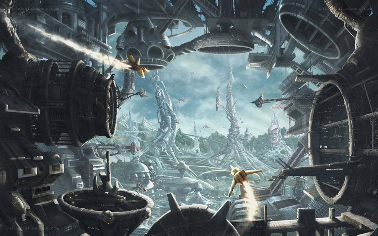 futuristic cityscape with flying vehicles