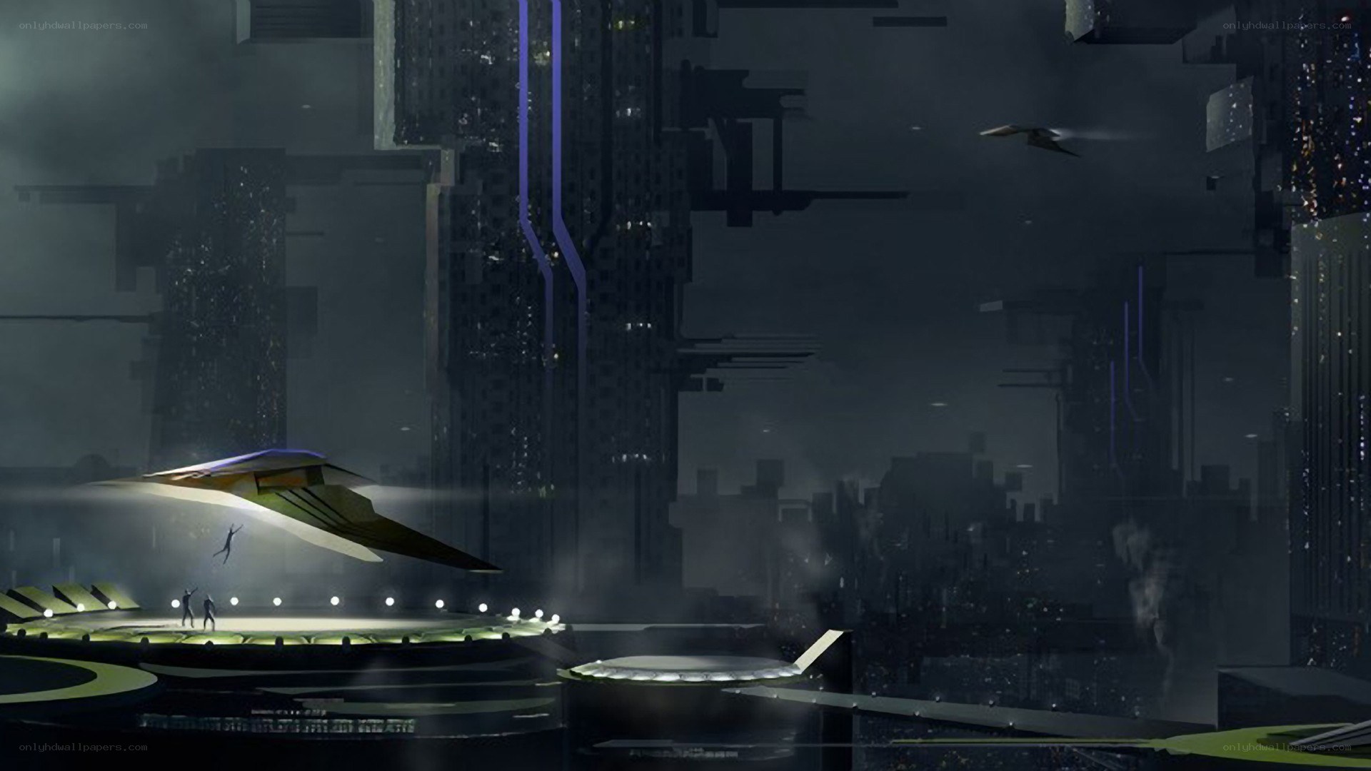 futuristic cityscape with flying vehicles