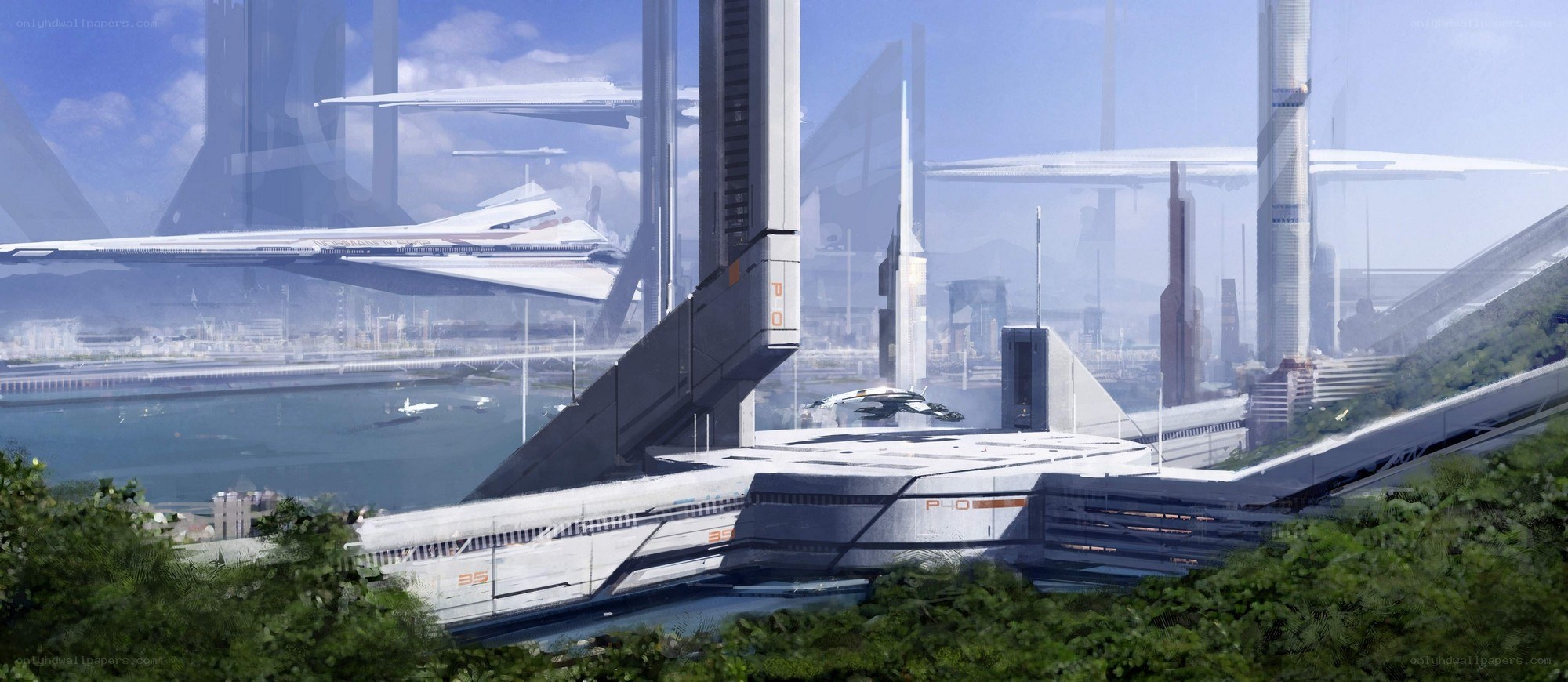 futuristic cityscape with flying vehicles