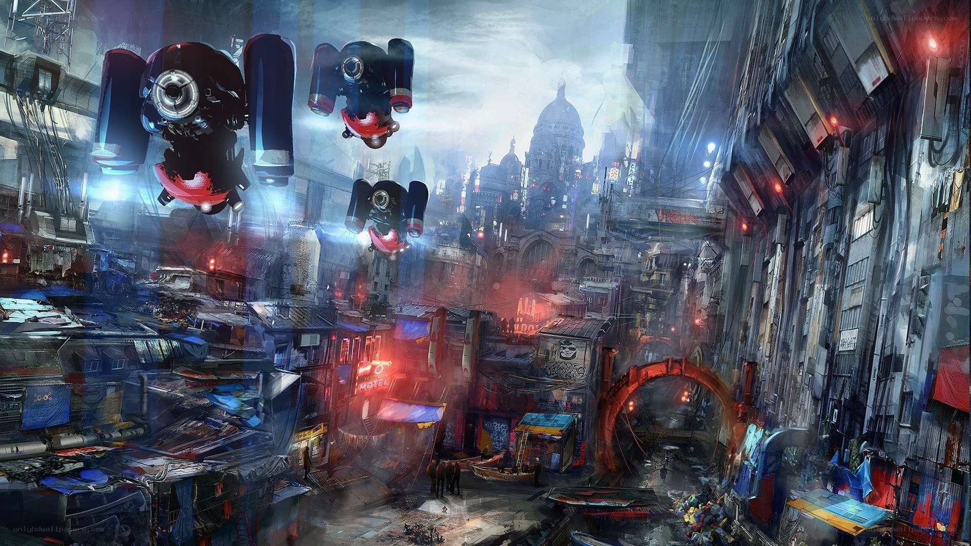 futuristic cityscape with flying vehicles