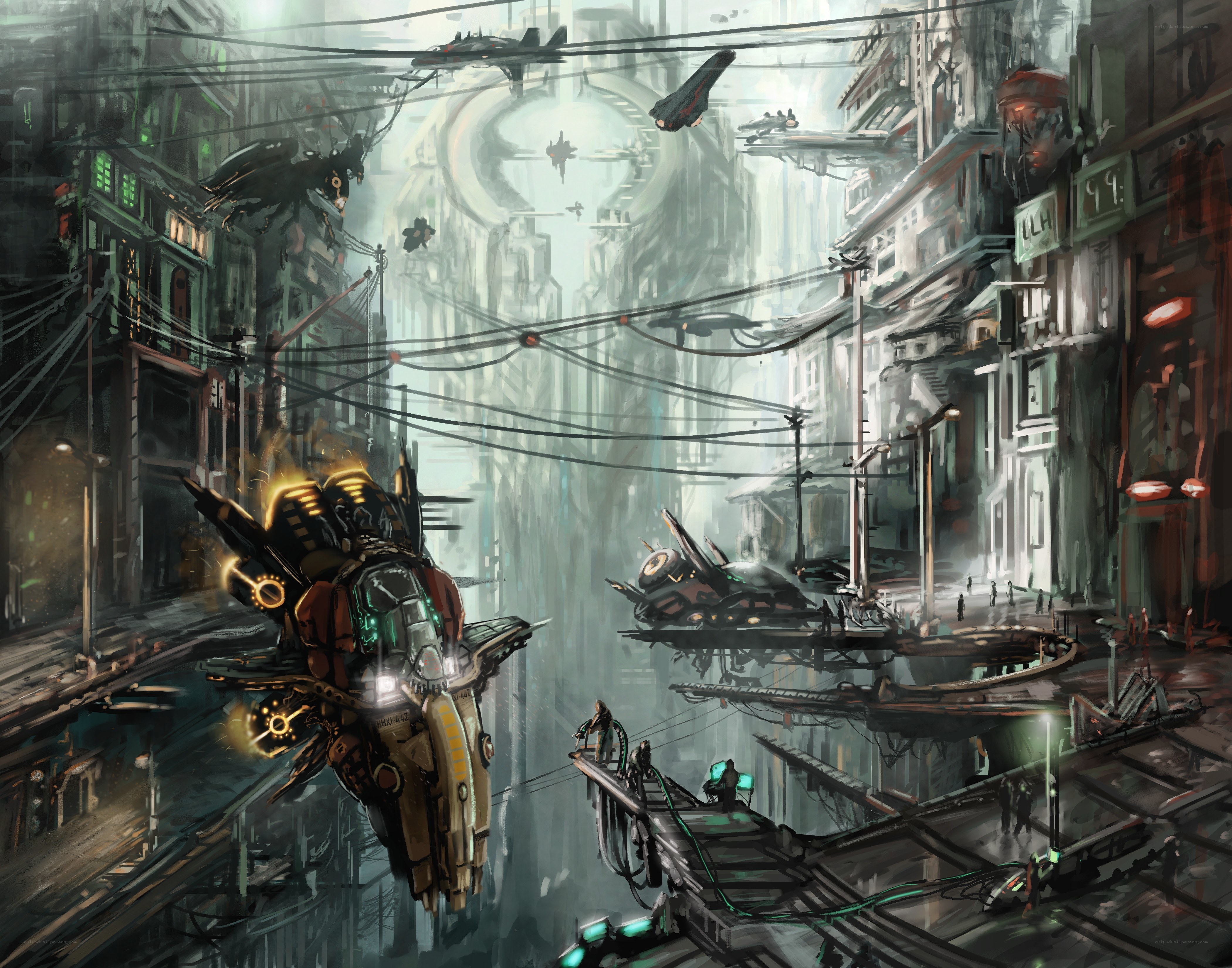 futuristic cityscape with flying vehicles