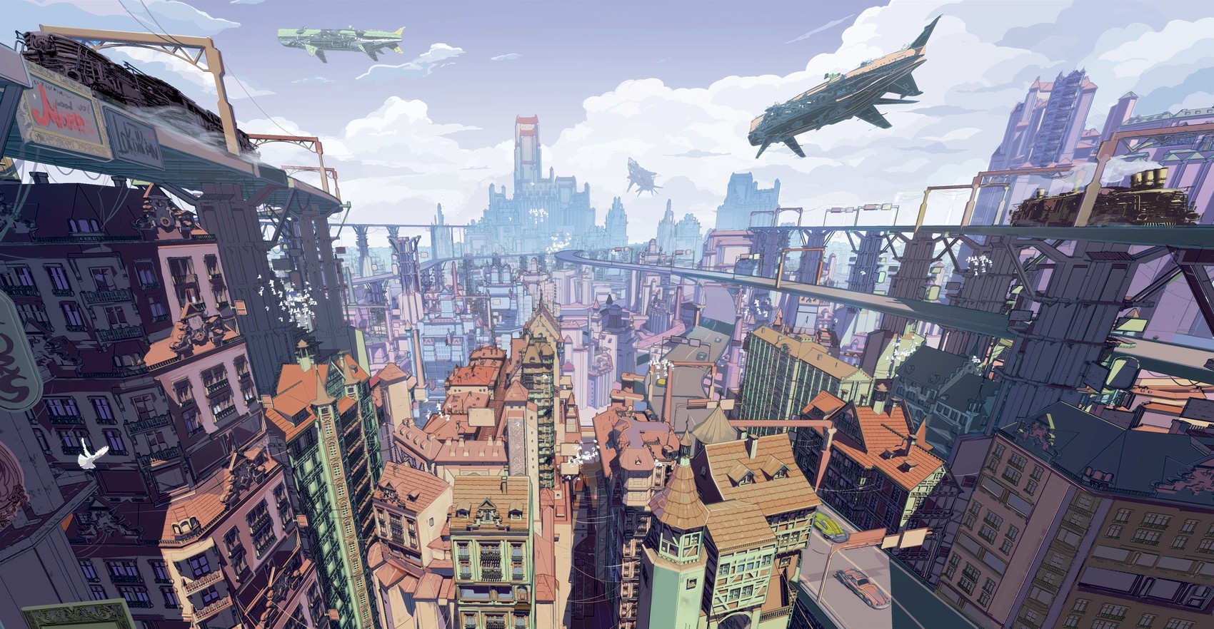 futuristic cityscape with flying vehicles