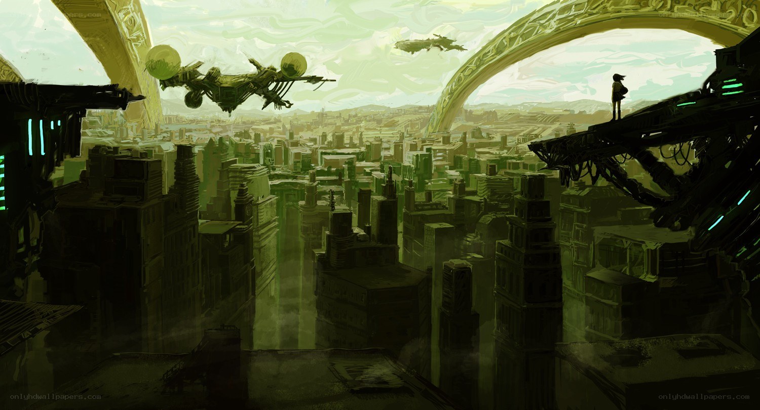 futuristic cityscape with flying vehicles