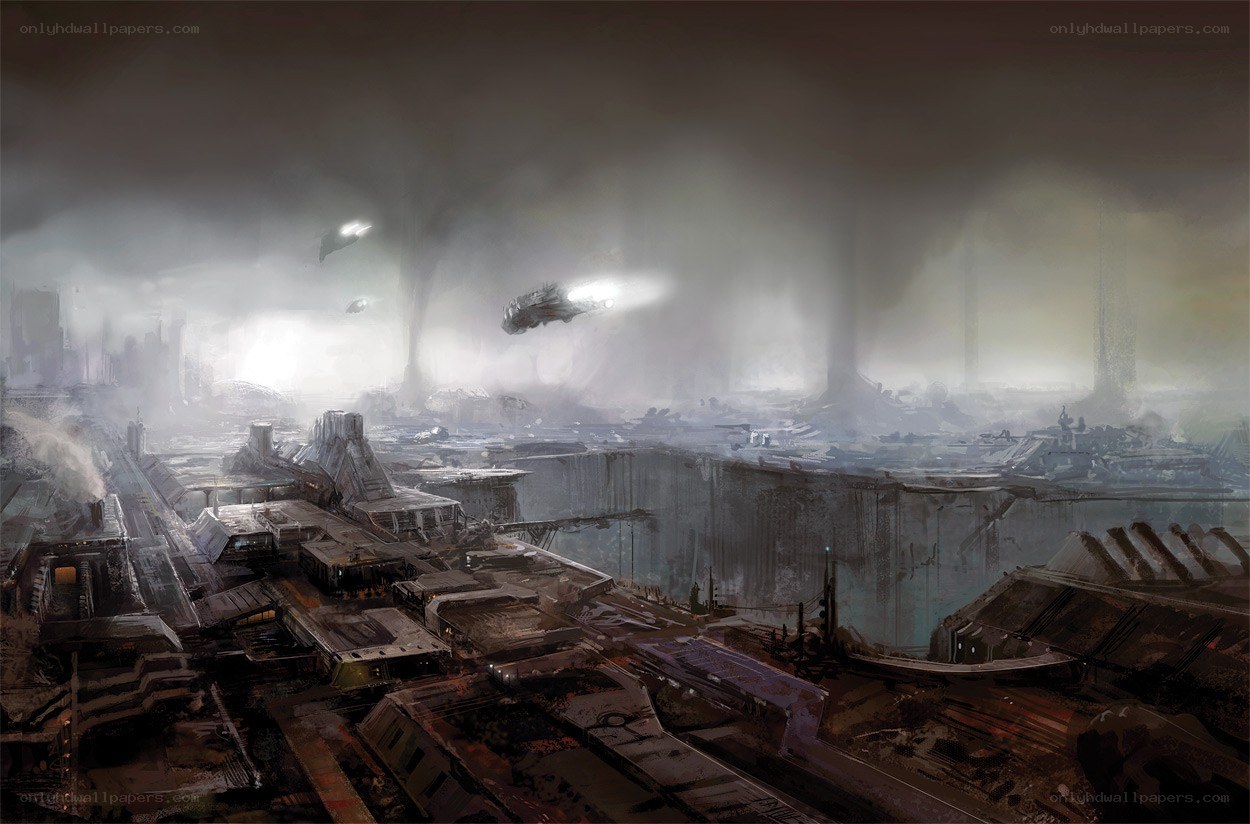 futuristic cityscape with flying vehicles