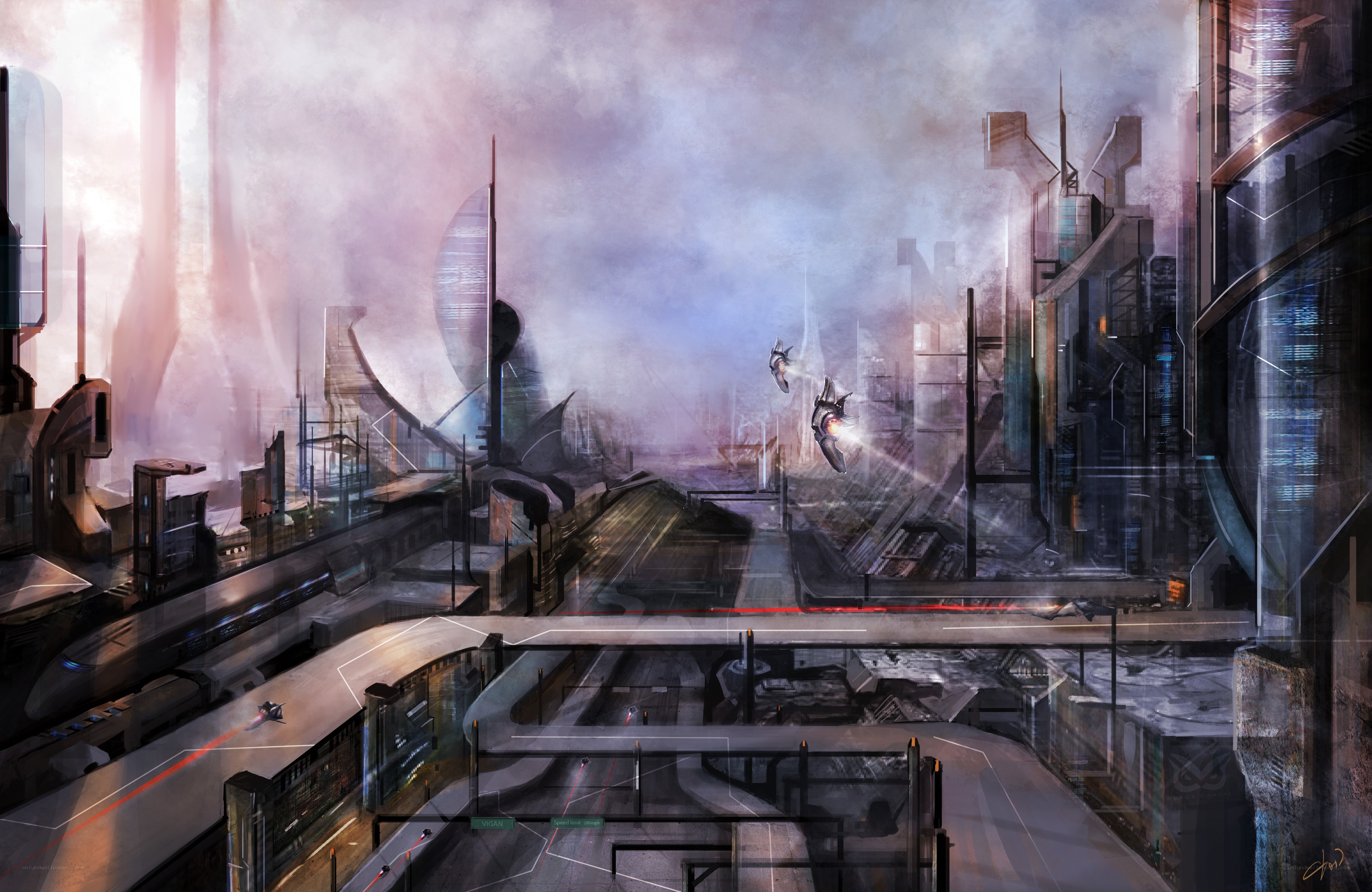 futuristic cityscape with flying vehicles