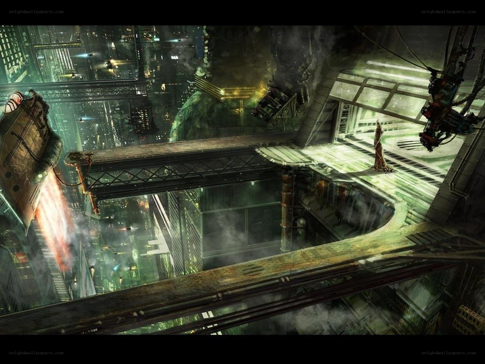 futuristic cityscape with flying vehicles