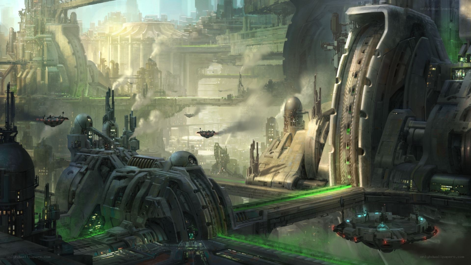 futuristic cityscape with flying vehicles