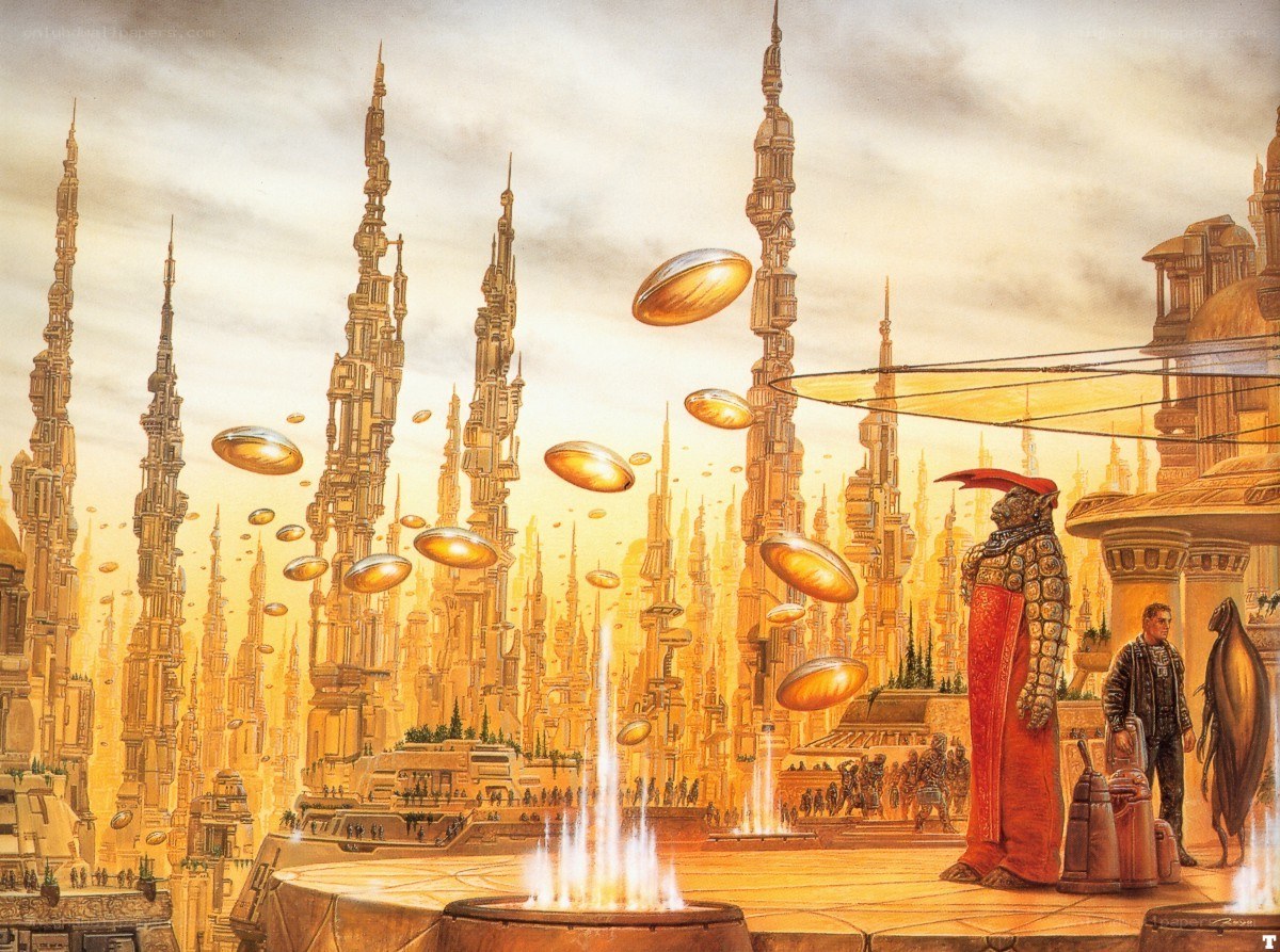 futuristic cityscape with flying vehicles