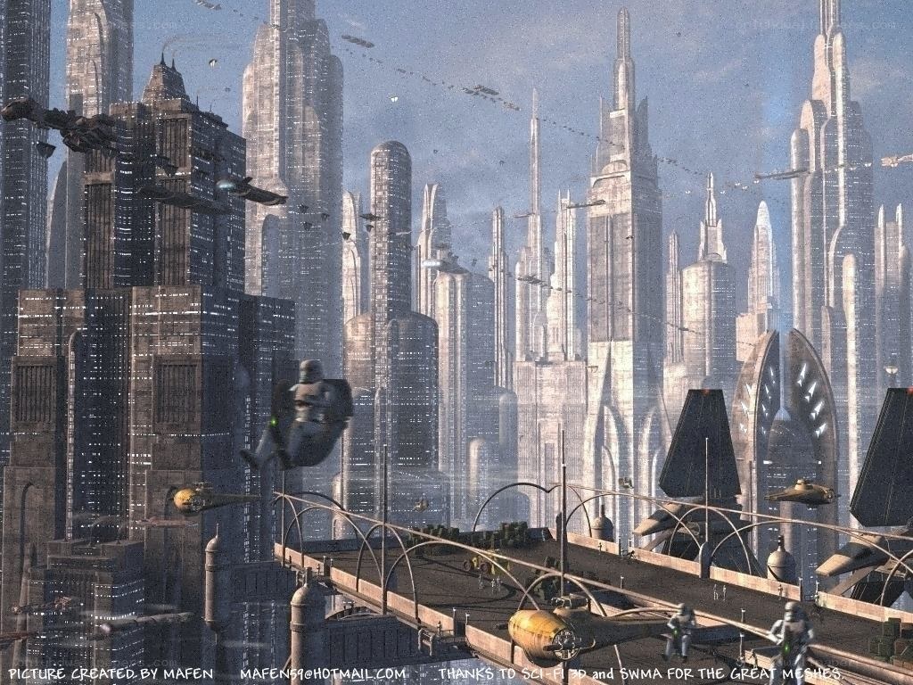 futuristic cityscape with flying vehicles