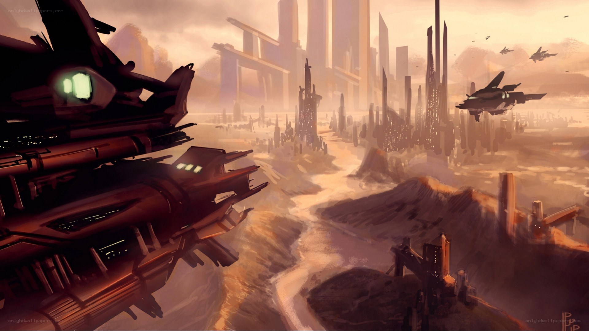 futuristic cityscape with flying vehicles