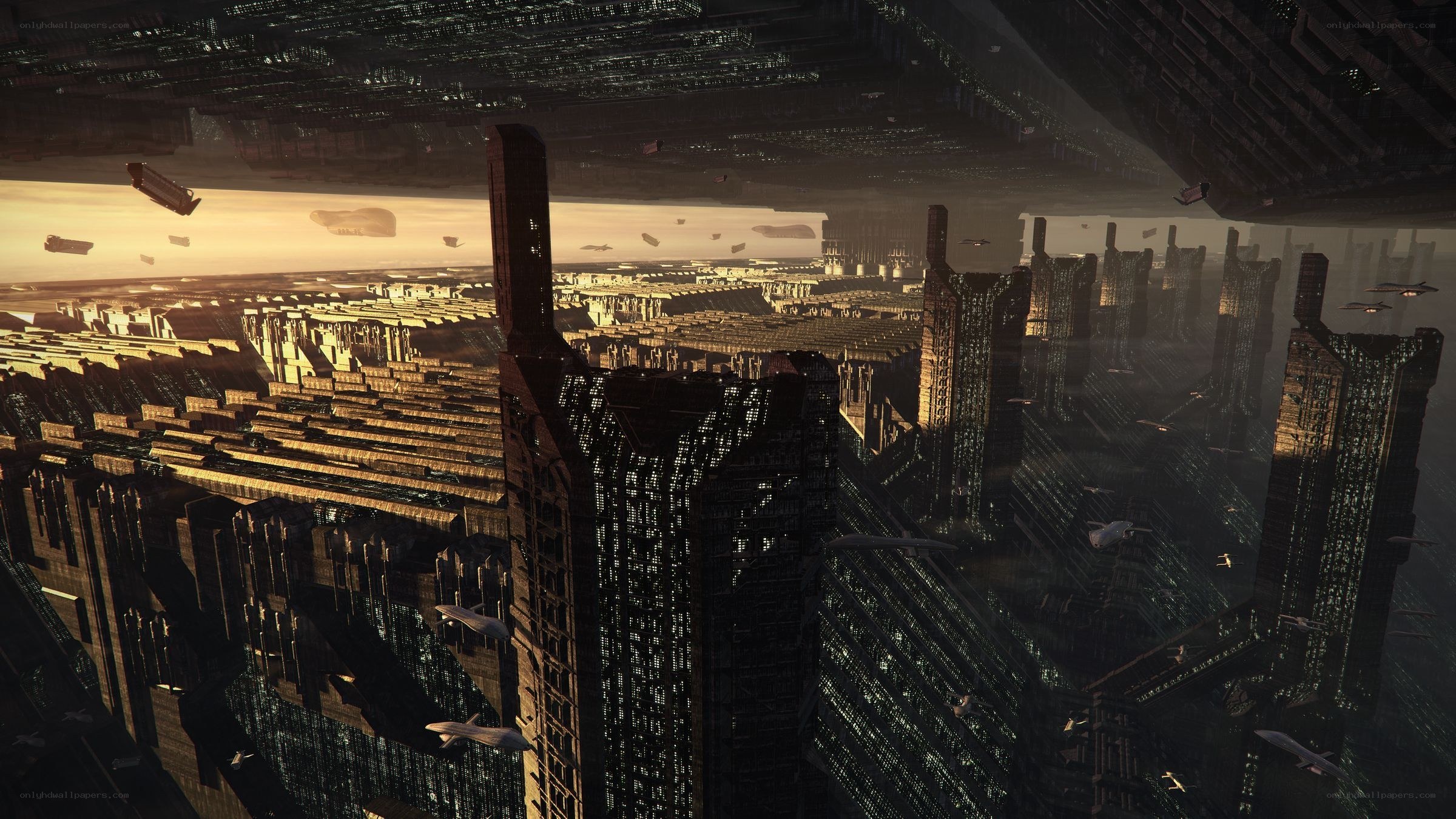 futuristic cityscape with flying vehicles