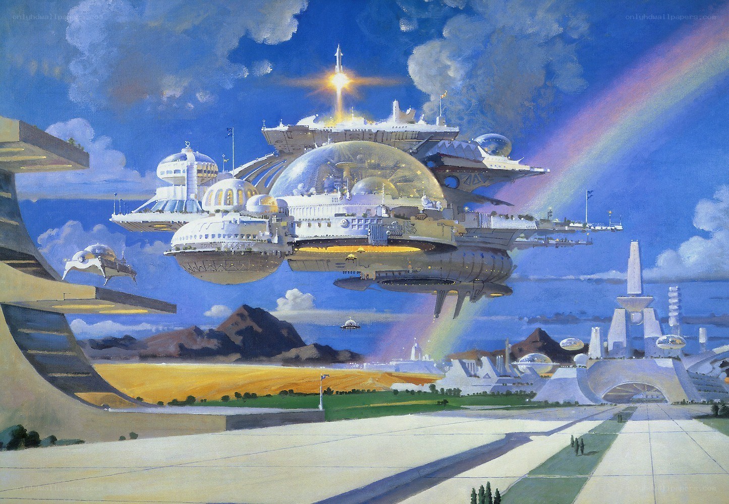 futuristic cityscape with flying vehicles