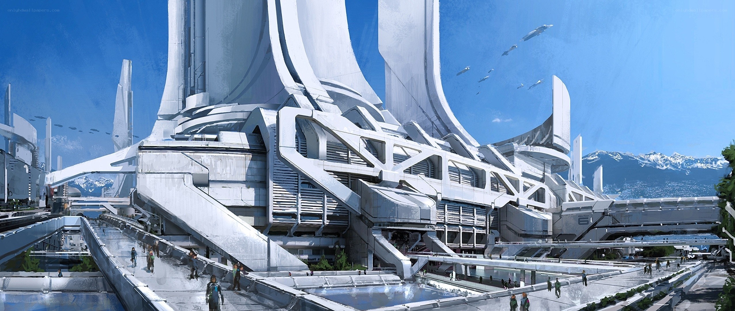 futuristic cityscape with flying vehicles