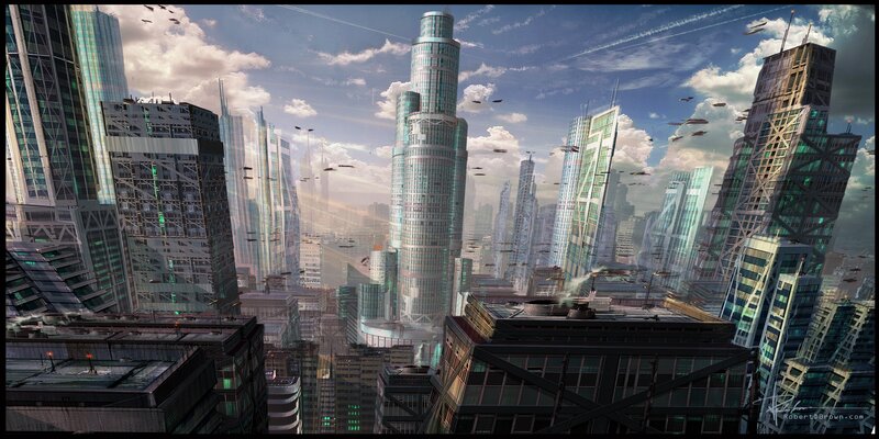 futuristic cityscape with flying vehicles