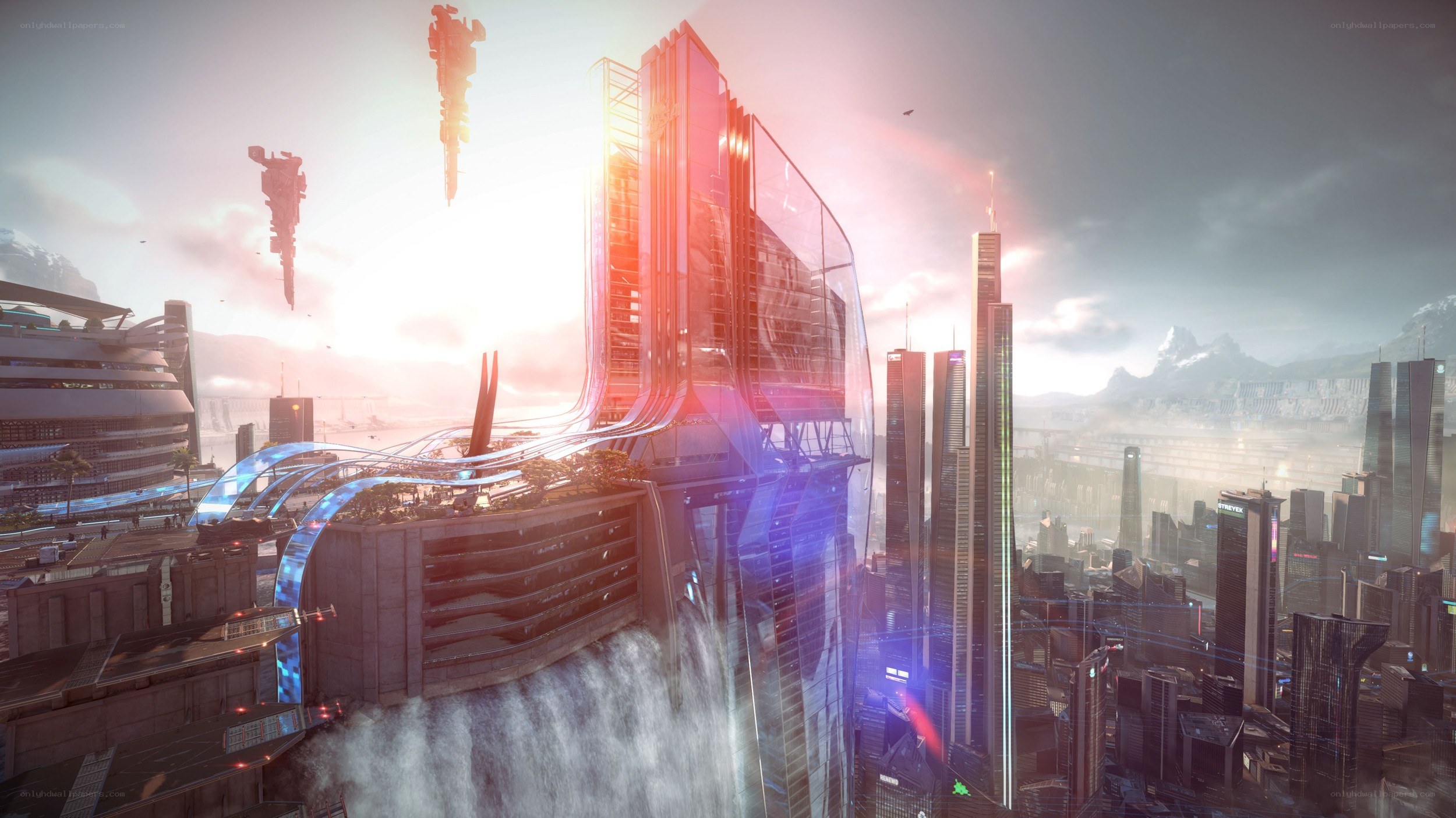 futuristic cityscape with flying vehicles