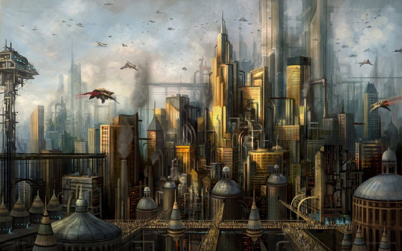 futuristic cityscape with flying vehicles