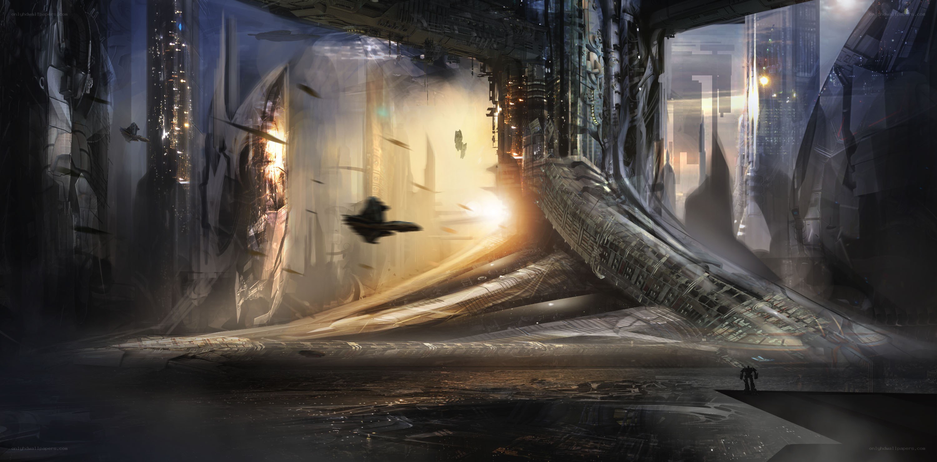 futuristic cityscape with flying vehicles