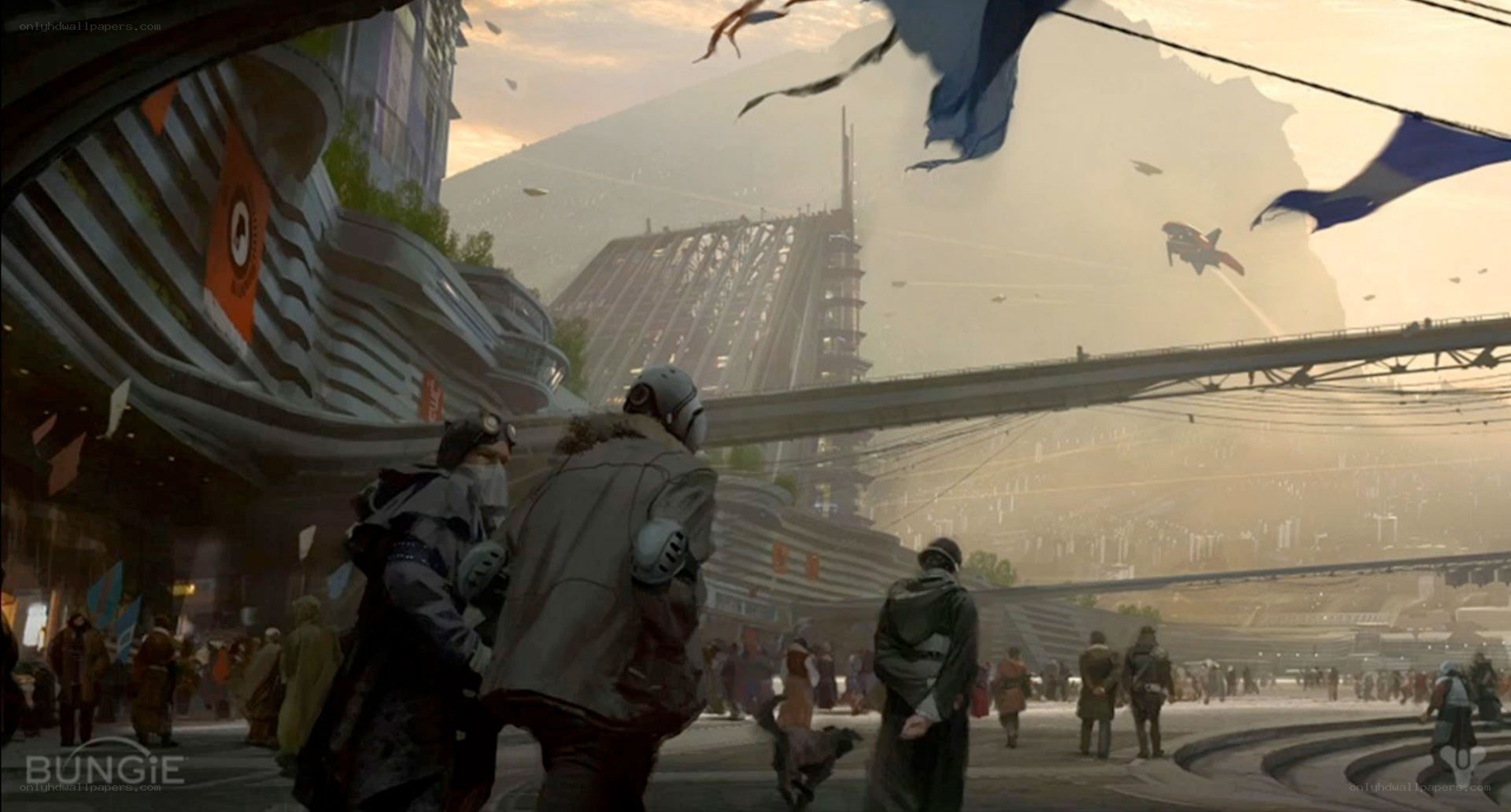 Futuristic cityscape with flying vehicles