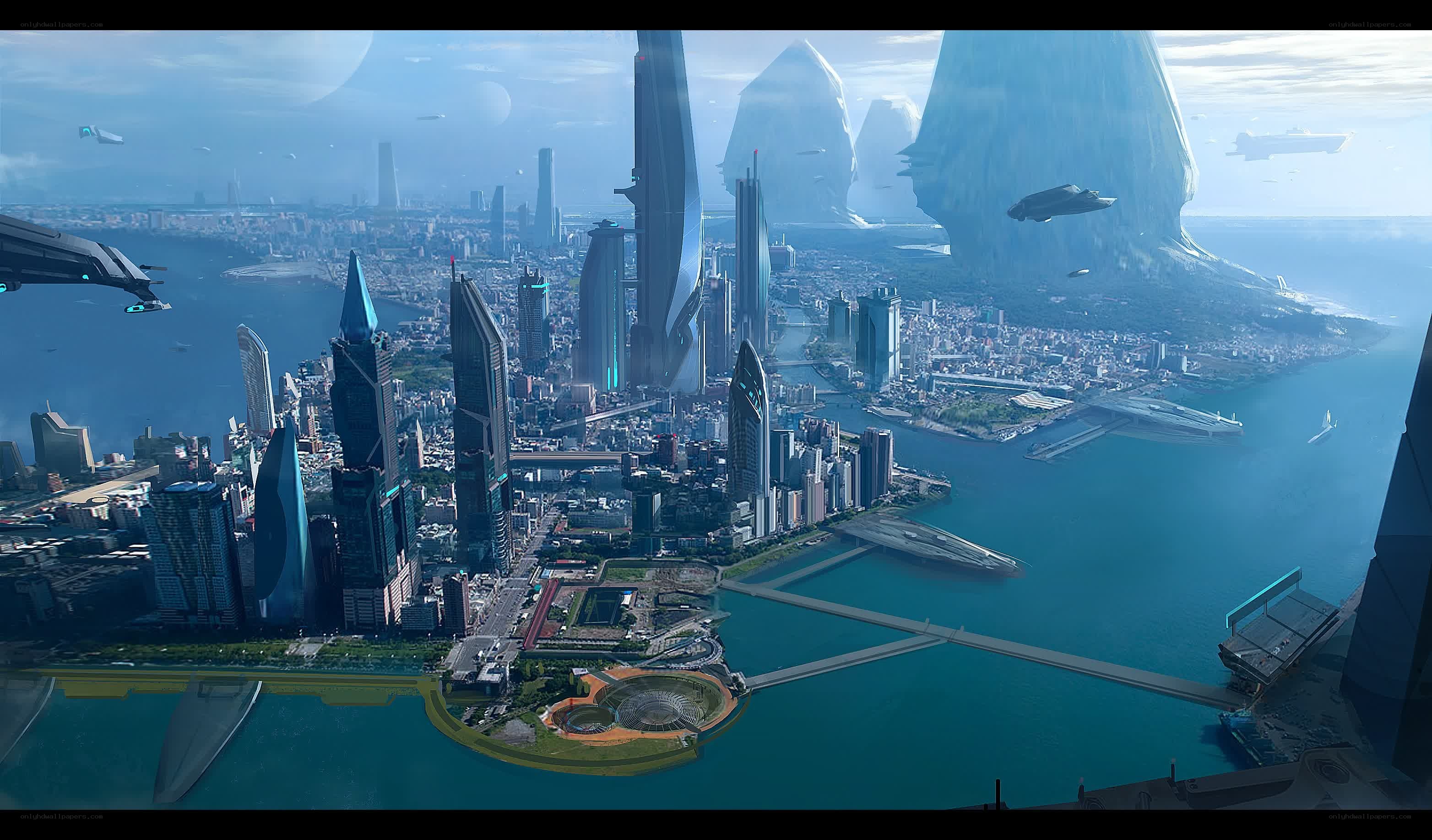 futuristic cityscape with flying vehicles