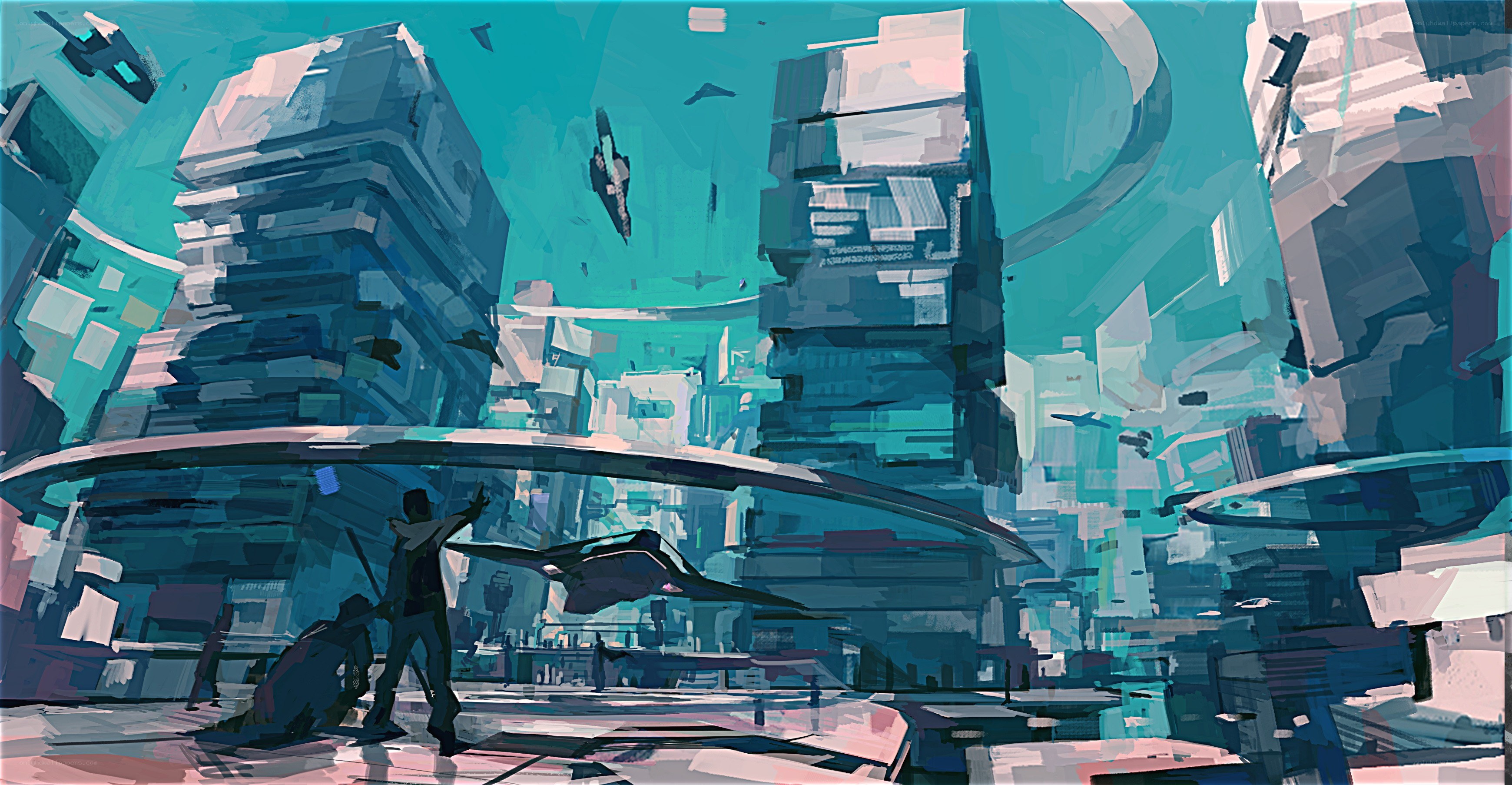 futuristic cityscape with flying vehicles