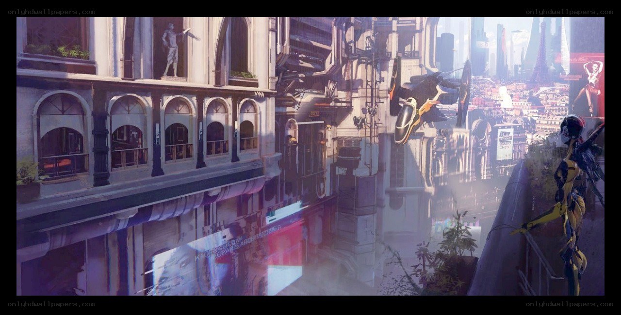 futuristic cityscape with flying vehicles