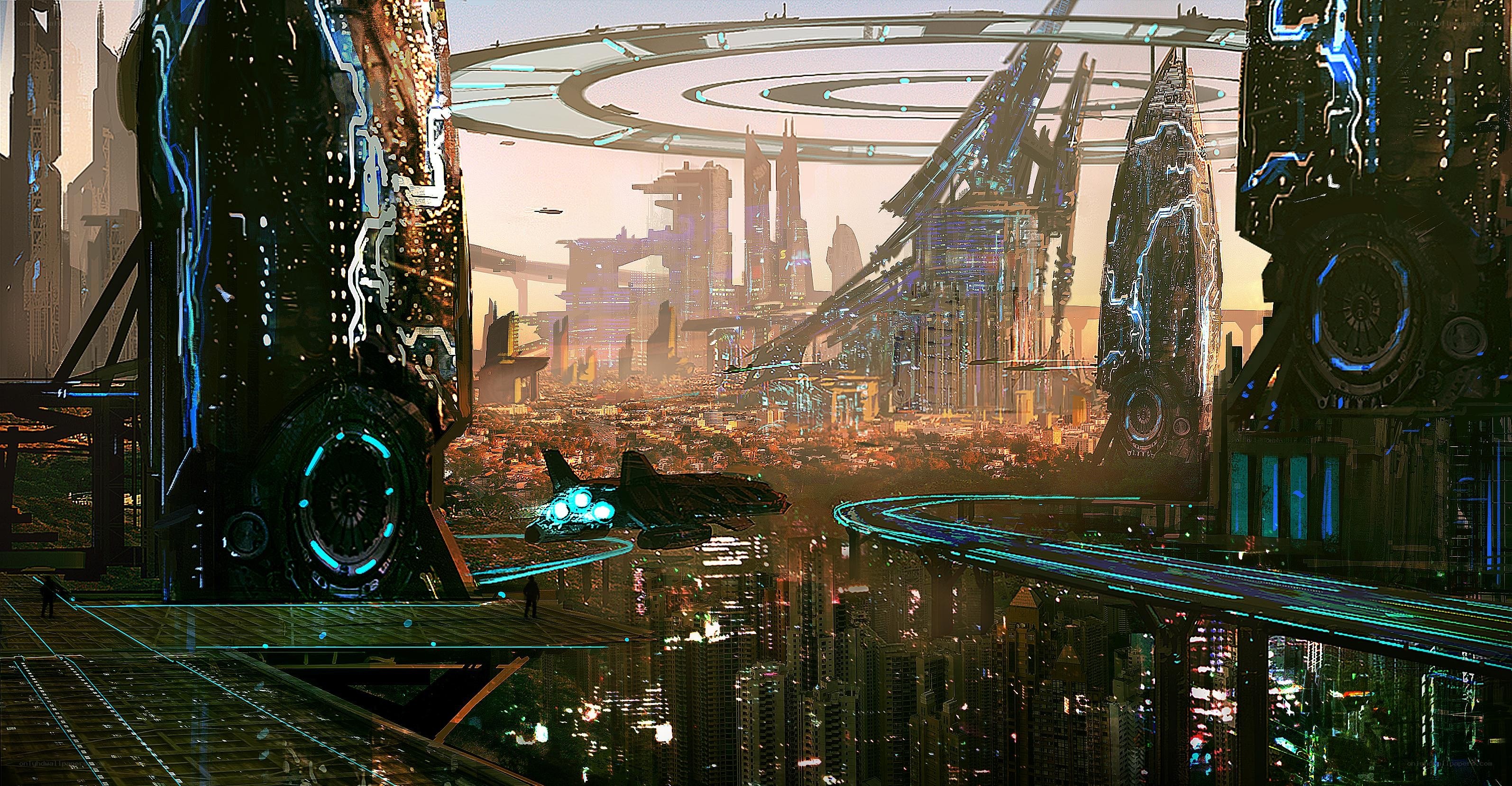 futuristic cityscape with flying vehicles