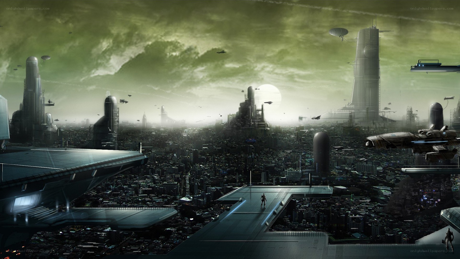futuristic cityscape with flying vehicles