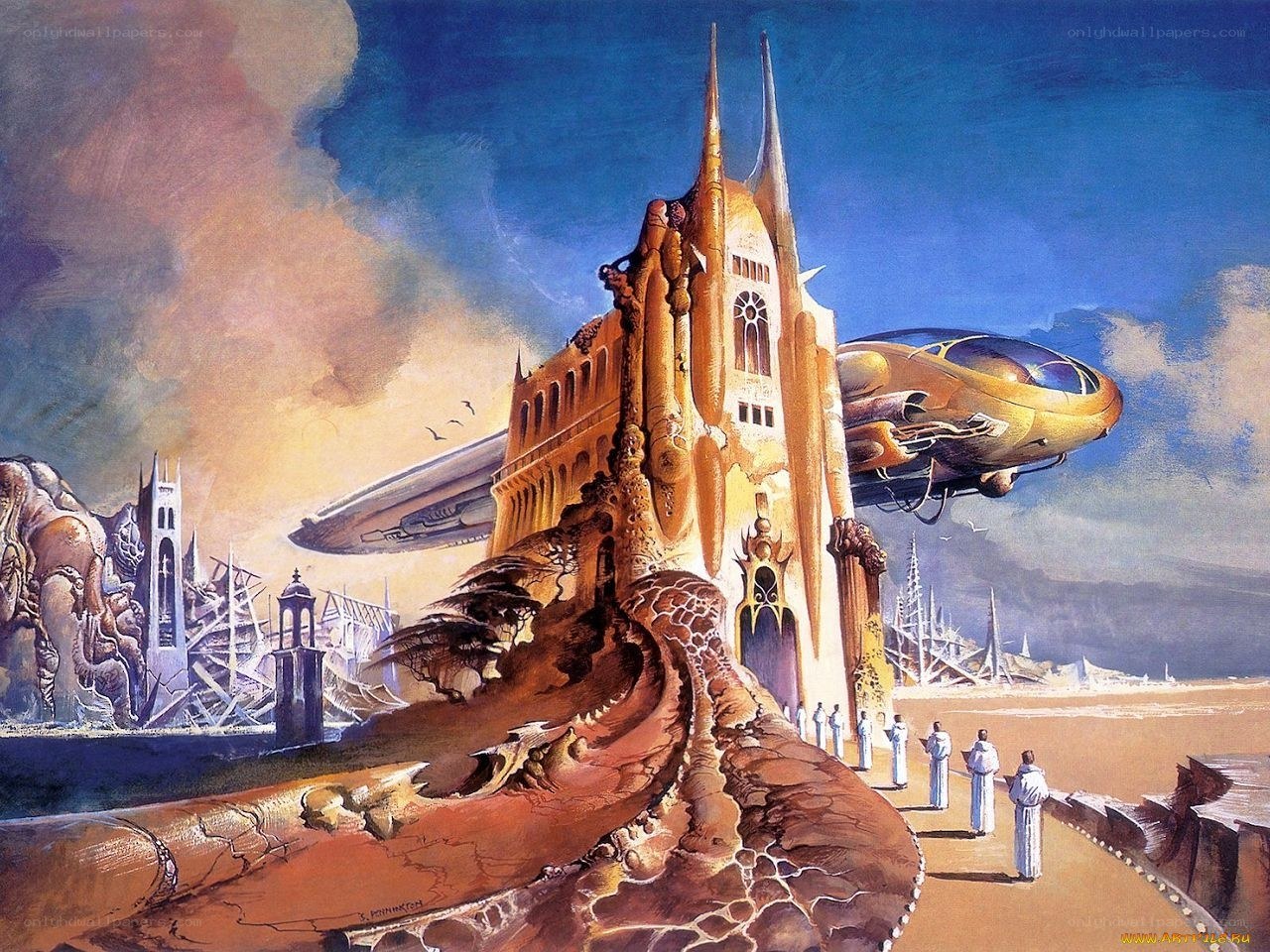 Futuristic cityscape with flying vehicles