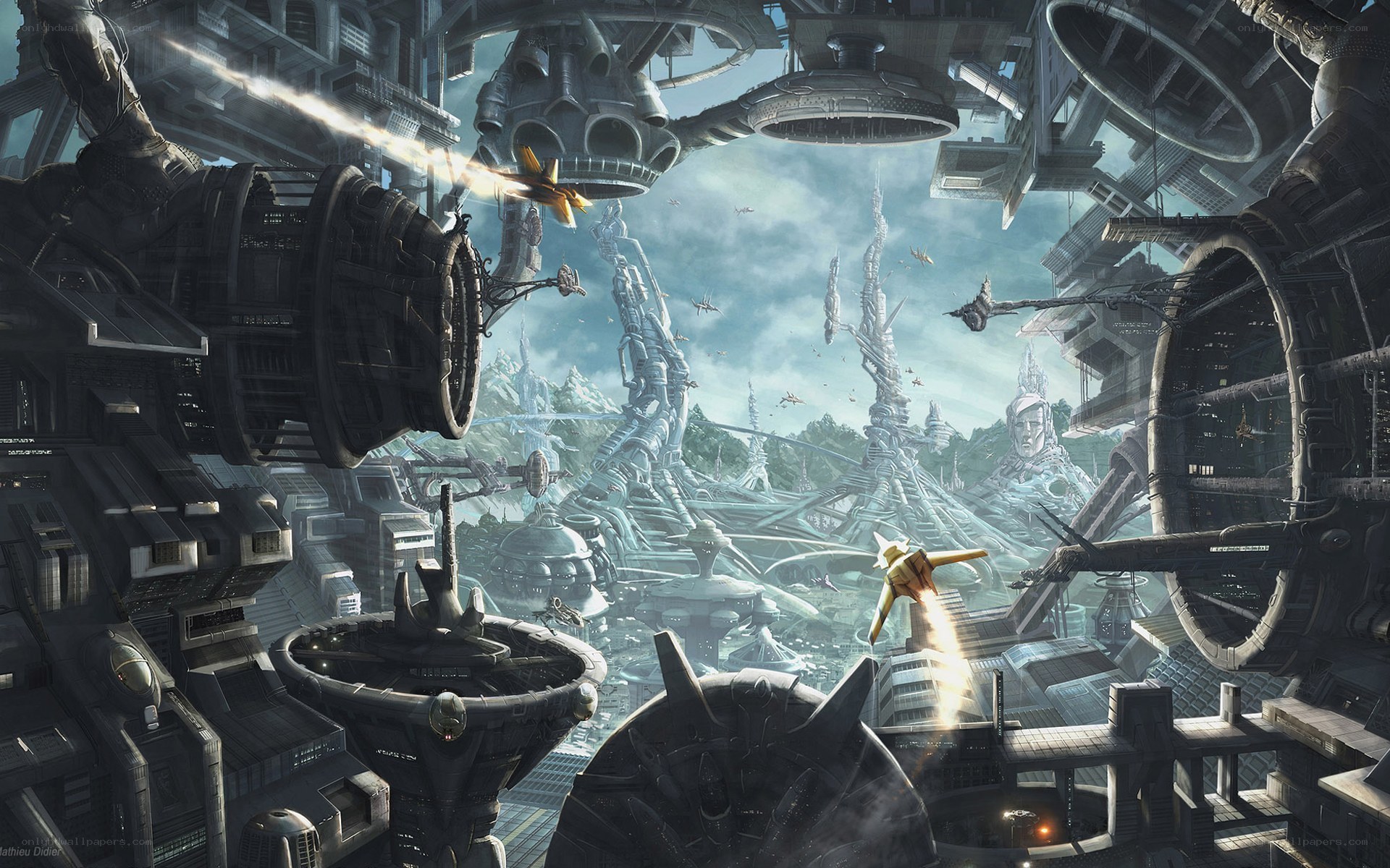 futuristic cityscape with flying vehicles