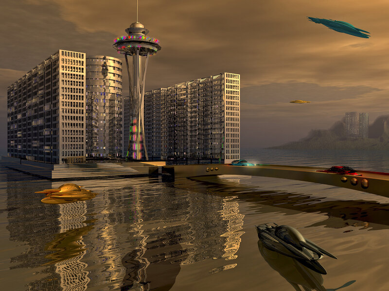 futuristic cityscape with flying vehicles