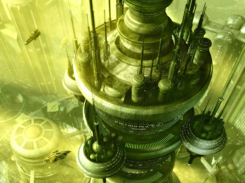 futuristic cityscape with flying vehicles