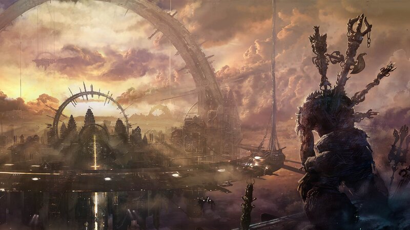 futuristic cityscape with giant arch
